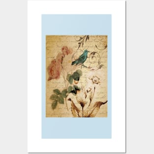 vintage bird roses floral botanical art Posters and Art